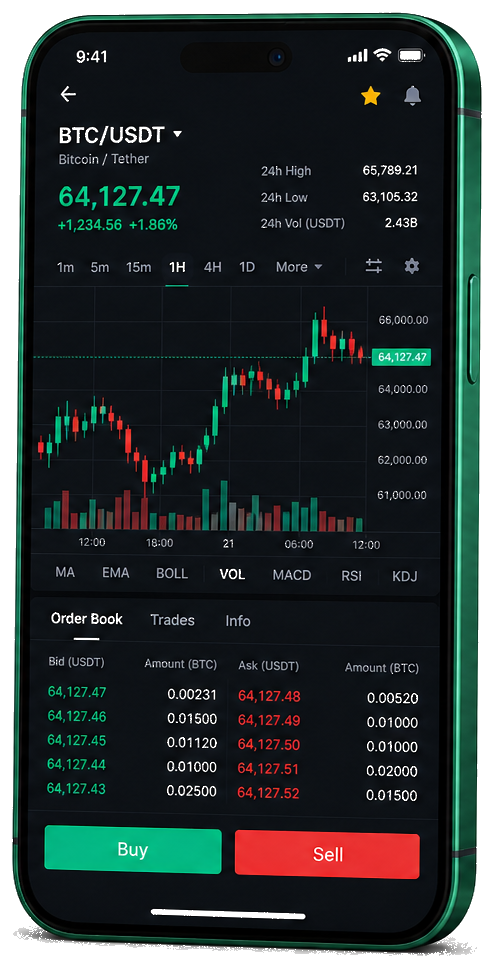 Barс Valnorbury mobile trading platform — live BTC/USDT chart, order book and buy/sell interface